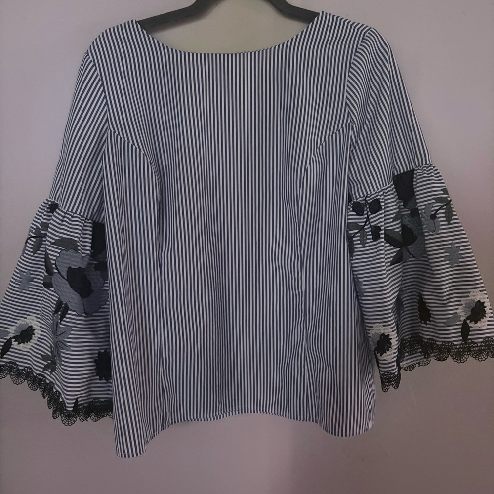 Joseph Ribkoff Navy  and White Striped Blouse with Floral Sleeves
